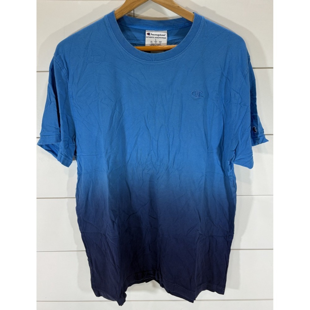 Champion Authentic Athleticwear T-Shirt Mens L Blue Ombre Dip-Dye Crew Neck Logo